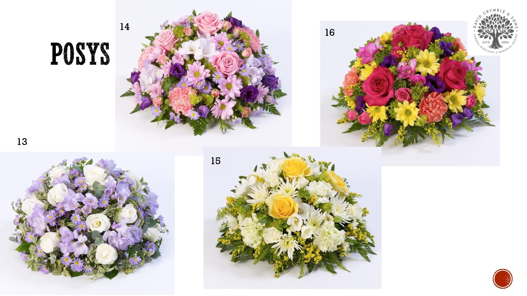 Posy tributes, designs 13 to 16