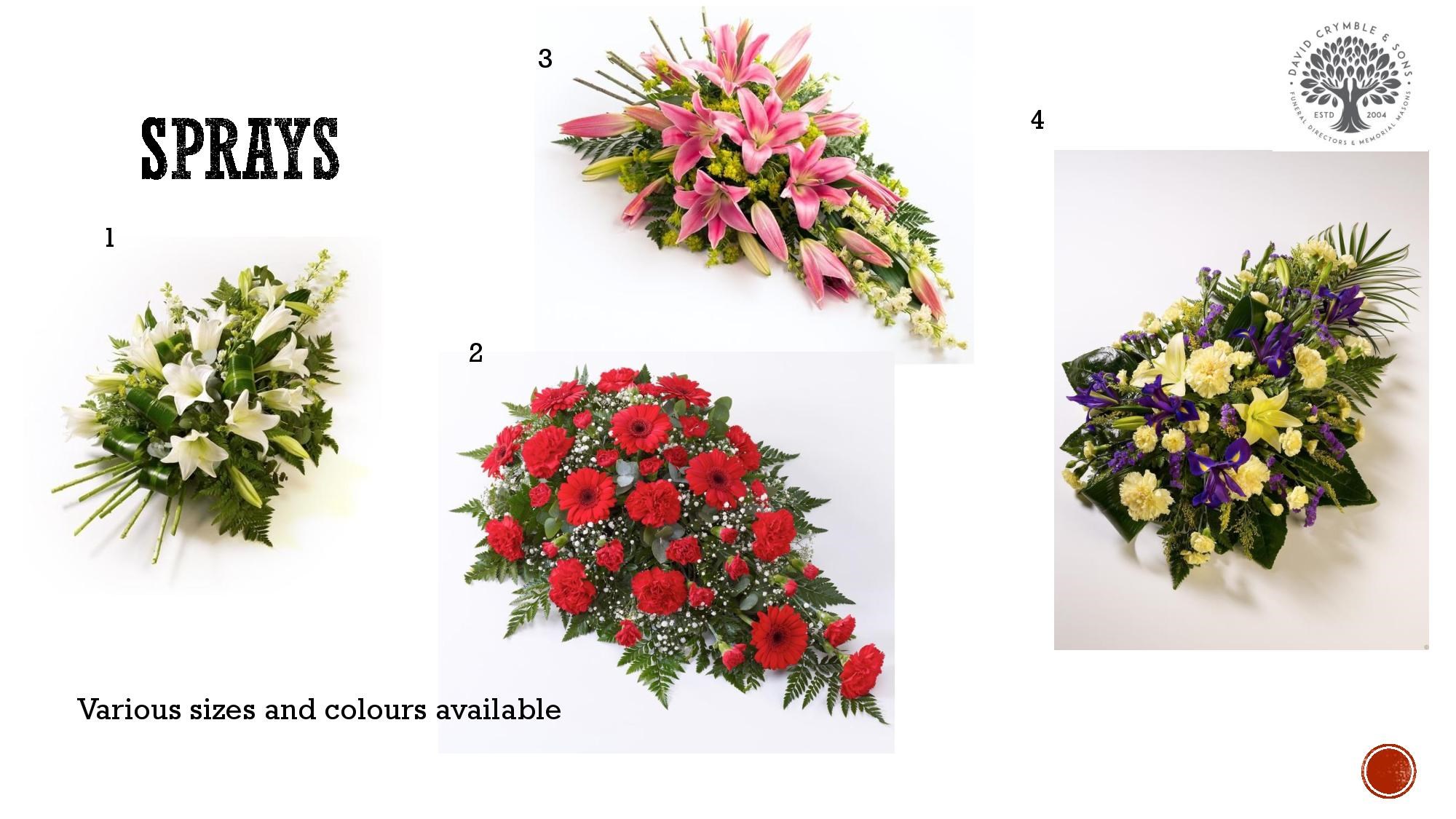 Spray tributes, designs 1 to 4 — lily, gerbera and mixed sprays