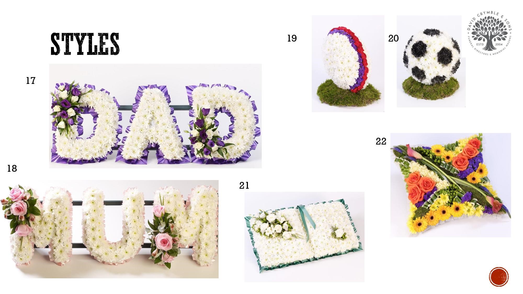 Lettering and shaped tributes, designs 17 to 22 — DAD, MUM, rugby ball, football, open bible and star cushion