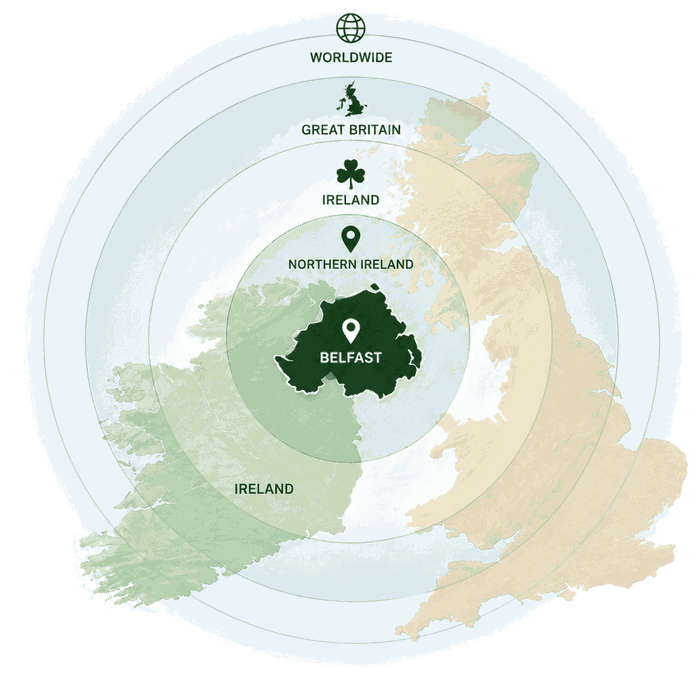 Our reach radiates from Belfast across Northern Ireland, the island of Ireland, Great Britain and worldwide.